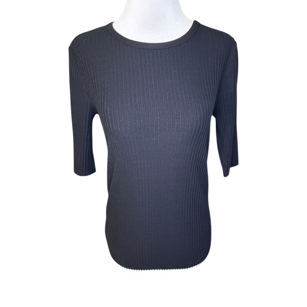AG Adriano Goldschmied Womens Black Ribbed Knit Elbow Sleeve Top Size Small